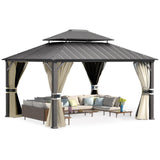 UDPATIO 12' x 14' Hardtop Gazebo, Outdoor Aluminum Gazebo with Galvanized Steel Double Roof, Permanent Metal Canopy with Netting and Curtains for Patio, Garden, Lawn, Backyard, Deck, Beige UDPATIO