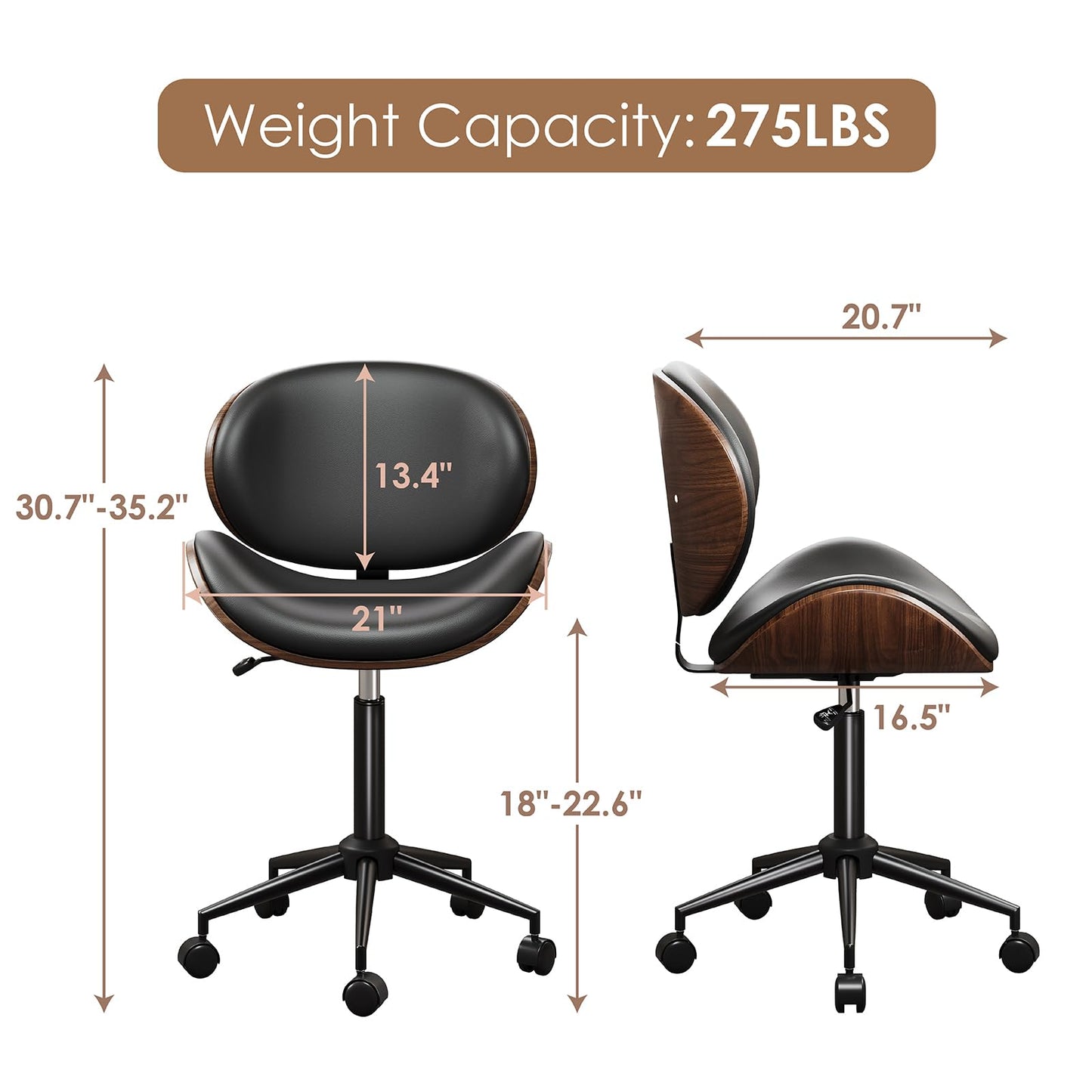 LUXOAK Ergonomic Home Office Desk Chair Set of 2, Mid-Century Modern Armless Chair with PU Leather/360°Swivel Wheels/Seat Height Adjustable for Office, Study, Black