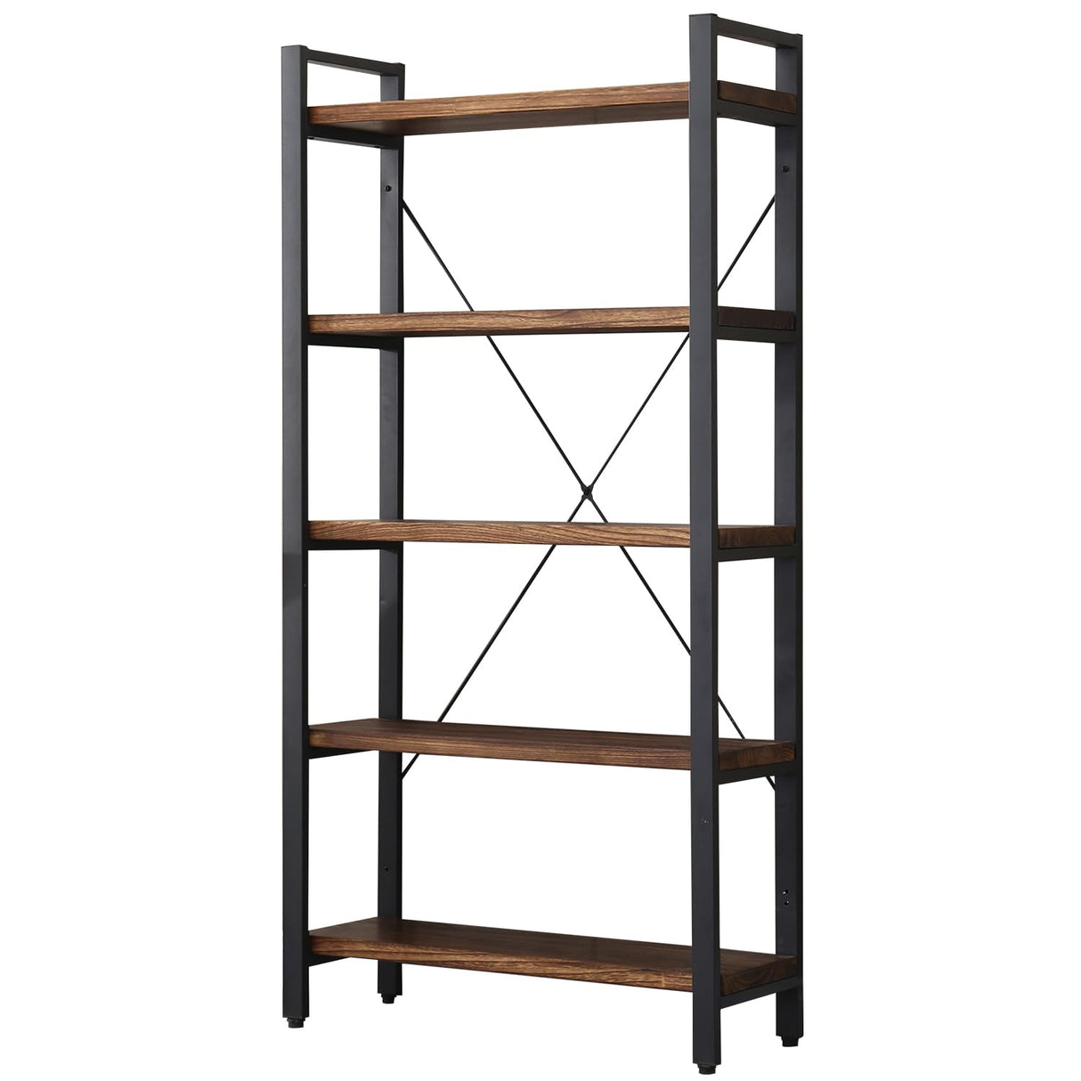 WH-AOERPUMY 5 Tier Bookcase, Solid Wood Bookshelf Rustic Vintage Industrial Etagere Bookcase, Metal and Wood Free Vintage Bookshelf, Retro Brown (Real Wood) (5-Tiers) WH-AOERPUMY