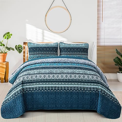 WONGS BEDDING Boho Queen Quilt Set, Blue Bohemian Queen Quilt Bedding Set, Lightweight Microfiber Bed Decor Bedspread for All Season 96"x90"(3 Pieces) WONGS BEDDING