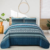 WONGS BEDDING Boho Queen Quilt Set, Blue Bohemian Queen Quilt Bedding Set, Lightweight Microfiber Bed Decor Bedspread for All Season 96"x90"(3 Pieces) WONGS BEDDING