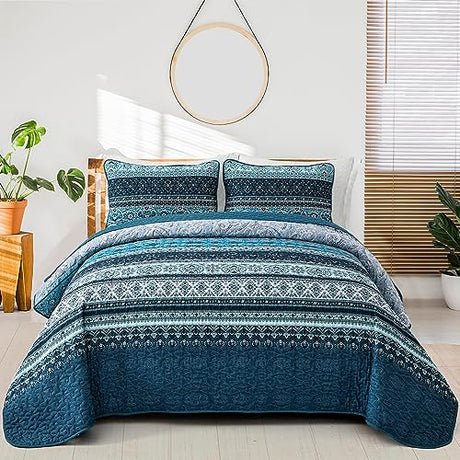 WONGS BEDDING Boho Queen Quilt Set, Blue Bohemian Queen Quilt Bedding Set, Lightweight Microfiber Bed Decor Bedspread for All Season 96"x90"(3 Pieces) WONGS BEDDING