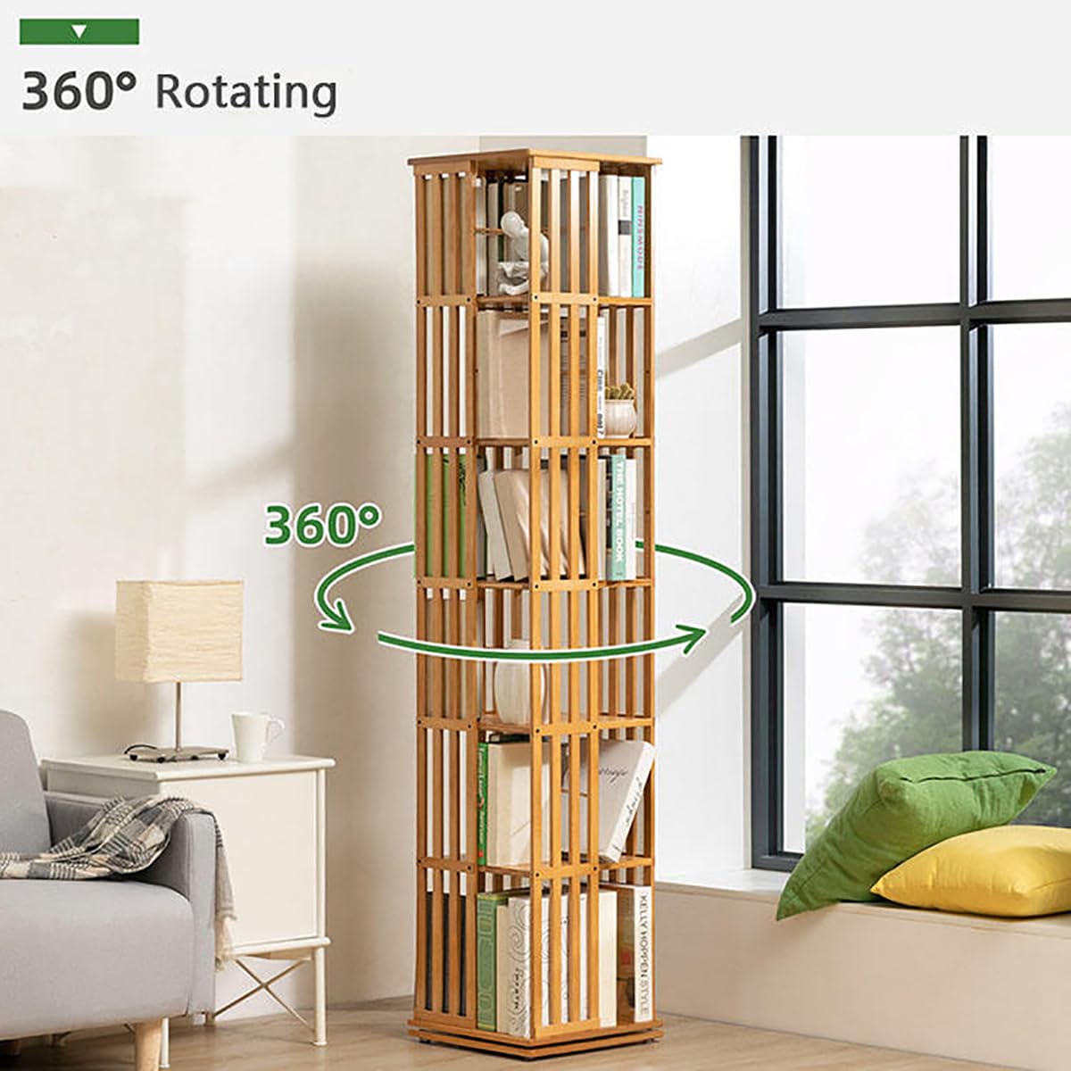 Versatile 360° Rotating Bamboo Bookshelf Tower - Stylish 6-Tier Spinning Storage for Home and Office LSZMXI