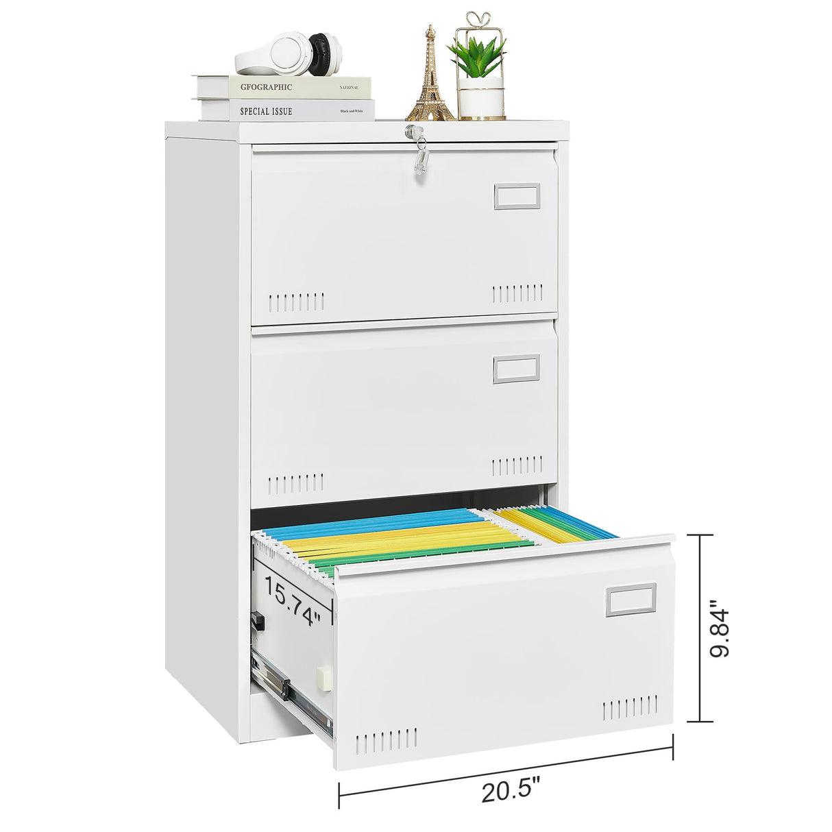 Gustonhon 3 Drawer Metal Lateral File Cabinet with Lock,Office Vertical Files Cabinet for Home Office/Legal/Letter/A4, Locking Wide Metal File Cabinet,Assembly Required (White, 3 Drawer) Gustonhon