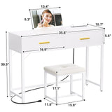 Girapow Vanity Desk with Power Outlets and Lights, 36'' Makeup Vanity with Tri Fold Lighted Mirror, White Vanity Set with Drawers, Vanity Table with Cushion Stool, Small Makeup Table for Bedroom,White Girapow