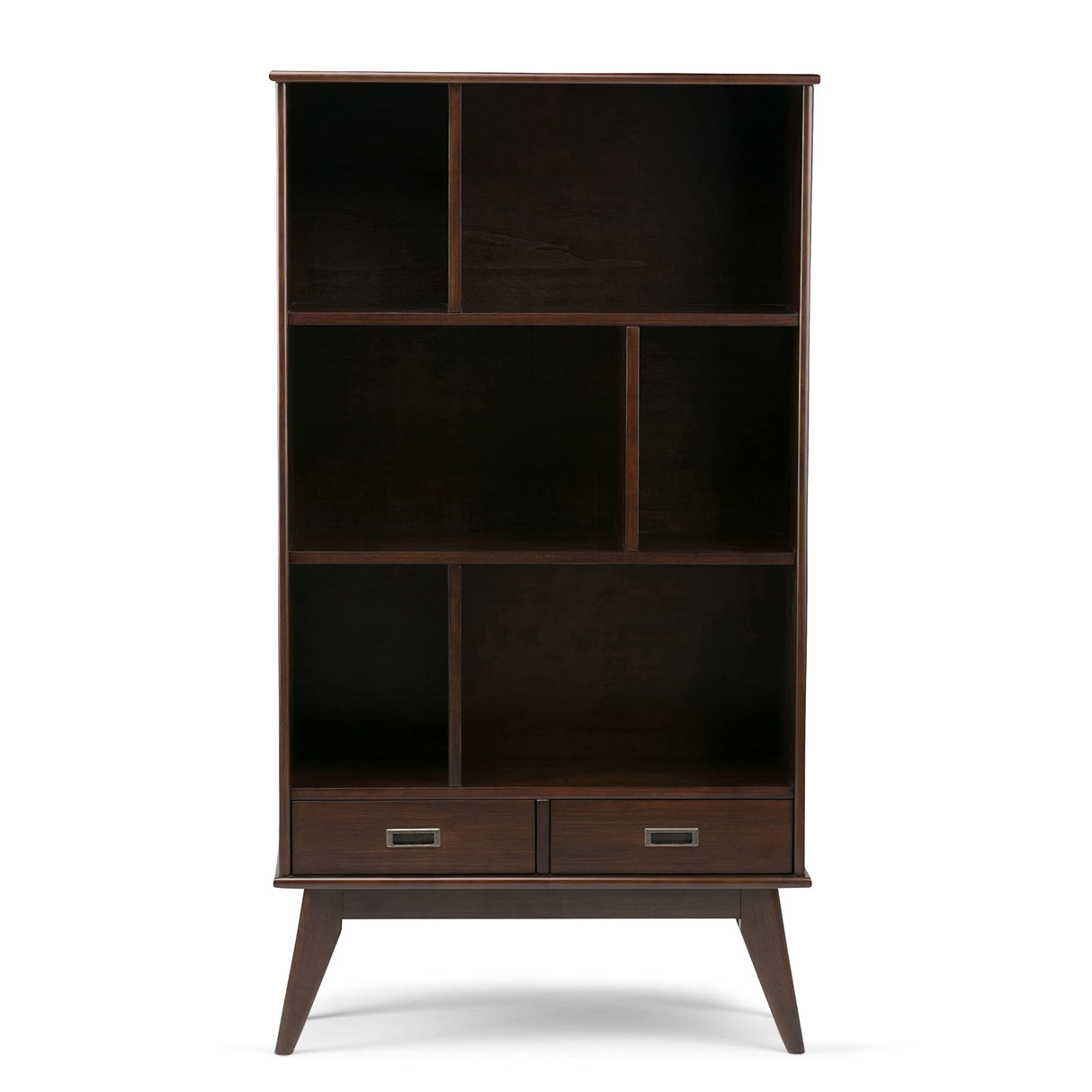 SIMPLIHOME Draper Bookcase - 64 inch Tall Solid Hardwood Wide Storage Bookshelf in Medium Auburn Brown, Mid-Century Modern Storage for Living Room or Office with Adjustable Shelves and Tapered Legs SIMPLIHOME