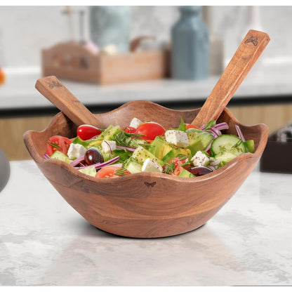 Melvvi Wooden Salad Bowl Set of 3 | 12" Large Acacia Wood Salad Serving Bowl with Servers | Big Pasta & Fruit Bowl | Mixing Bowls | Valentines day Gifts for Him & Her