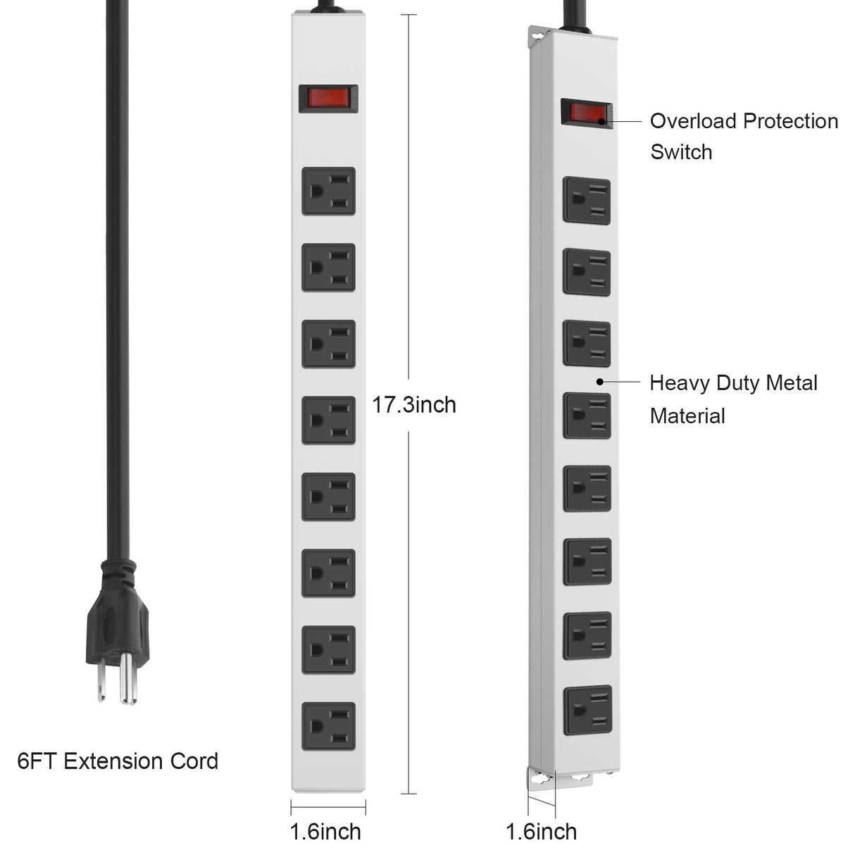 JUNNUJ Metal 8 Outlet Power Strip, Mountable Heavy Duty Power Strip, 1200J Surge Protector Wall Mount Screws Outlet with Switch, Gaming Desk Strips Wide Spaced 15A 125V 1875W, 6 FT 14AWG Power Cord JUNNUJ