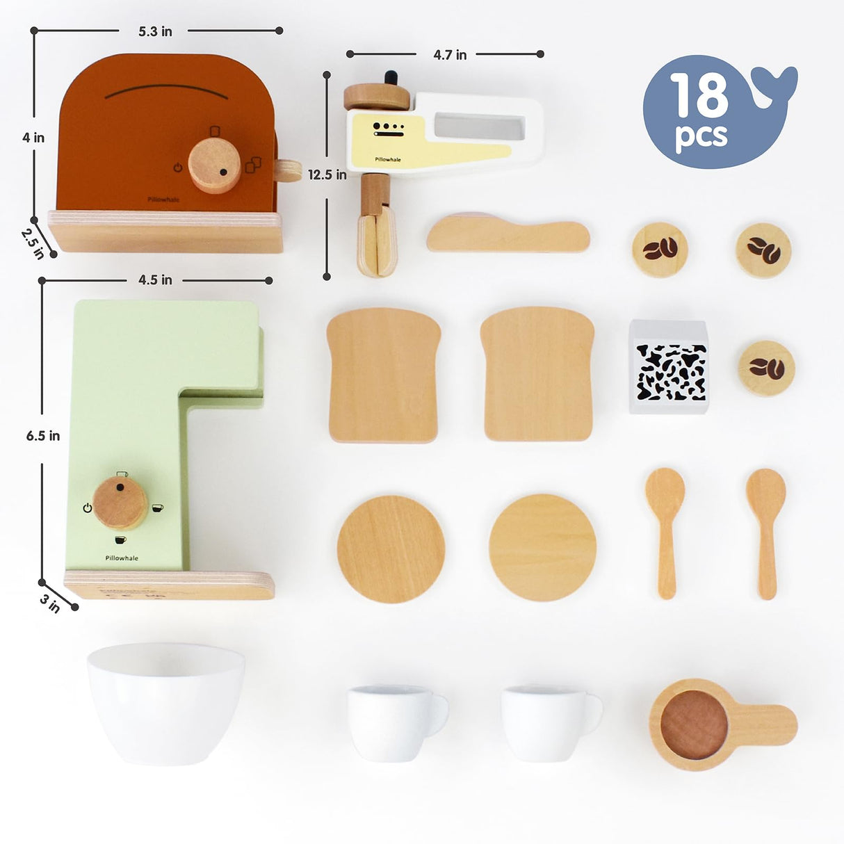 Pillowhale Kids Coffee Maker Playset,Wooden Toy Toaster,Toy Mixer,3-in-1 Kids Kitchen Playset,Pretend Play Kitchen Accessories,Wooden Kitchen Sets for Kids Toddlers Boys Girls Ages 3+ Pillowhale