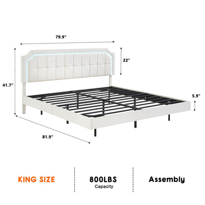 GarveeHome Modern King Size Floating Bed Frame with Adjustable LED Headboard and Easy Assembly in White - WoodArtSupply