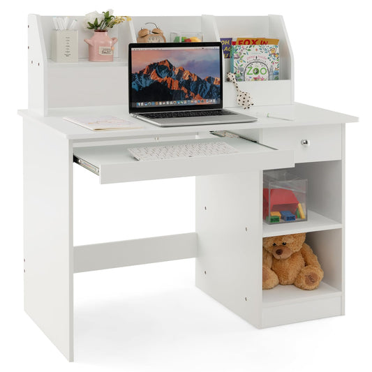 Costzon Kids Study Desk with Hutch and Storage - White Wooden Workstation for Children - WoodArtSupply