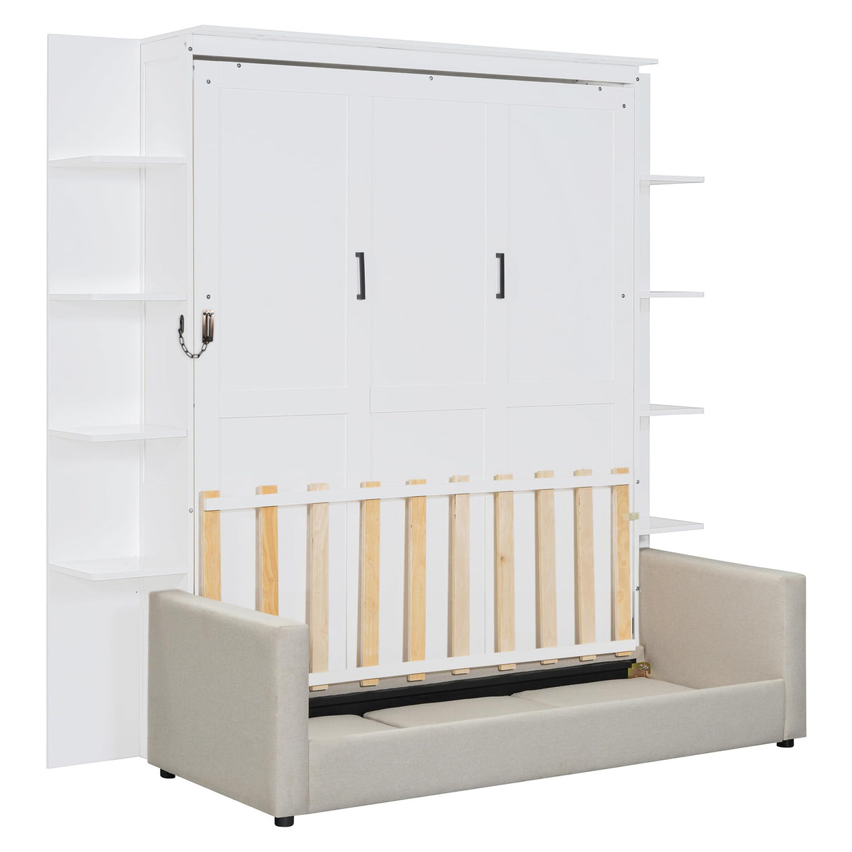 P PURLOVE Queen Size Murphy Bed with Sofa, Wall Bed with Wood Slat Support, Space-Saving Folding, No Box Spring Needed, Easy Assembly, White P PURLOVE