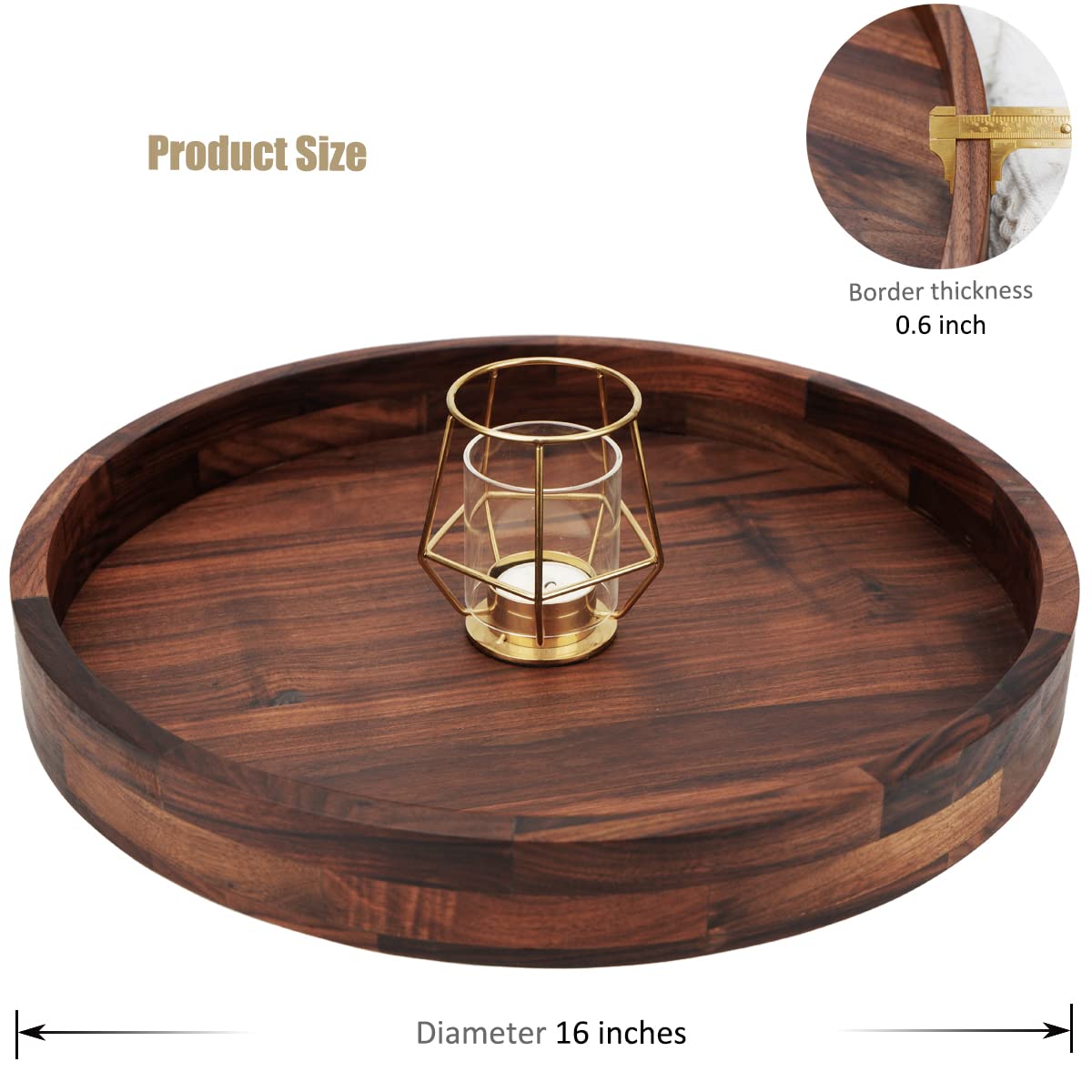 MAGIGO 16 Inches Extra Large Round Black Walnut Wood Ottoman Tray with Handles, Serve Tea, Coffee or Breakfast in Bed, Classic Circular Wooden Decorative Serving Tray MAGIGO