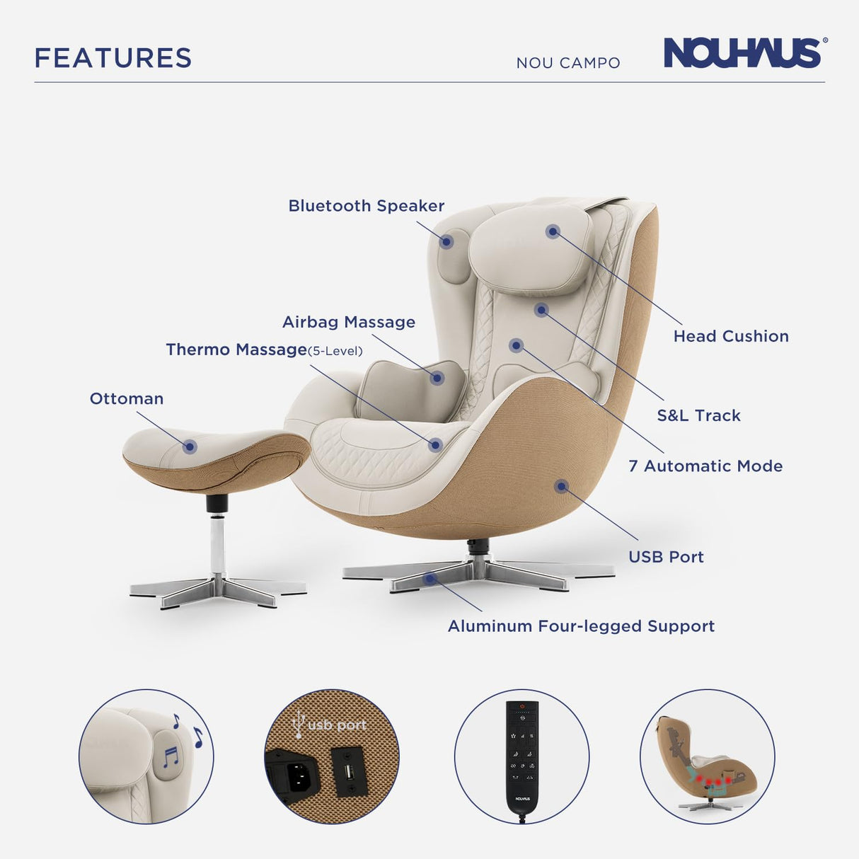 Nouhaus NOU Campo Heated Massage Chair,Full Body Massaging Zero-Gravity Leisure Recliner with Low-Noise 3D Massage and Dual Sound Systems Modern Massage Chairs (Elder White) Nouhaus