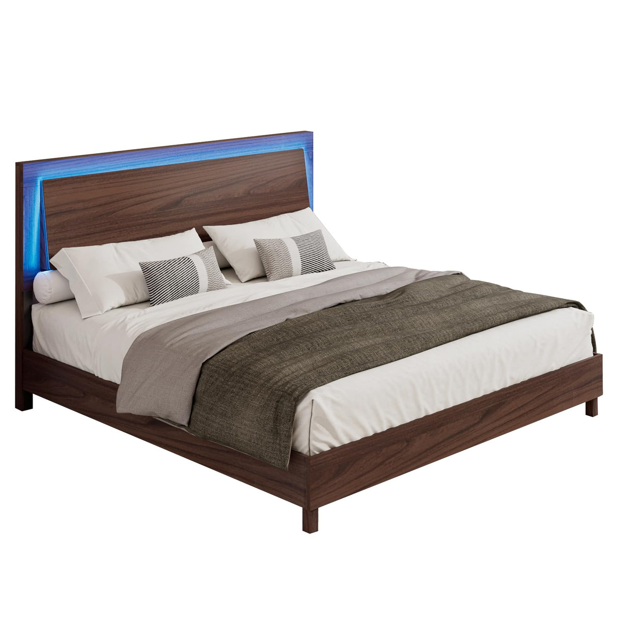 LUXOAK Mid-Century Queen Bed Frame with Floating LED Headboard in Cherry Wood LUXOAK