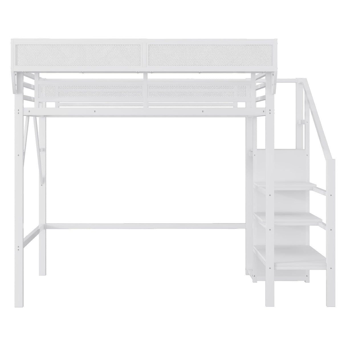 KEIKI Twin Size Metal Loft Bed Frame with Convertible Staircase, Built-in Storage Shelves & Wardrobe, Loft Bed with Solid Slats & Guardrail, No Box Spring Required, Easy Assembly, for Bedroom, White KEIKI