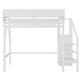 KEIKI Twin Size Metal Loft Bed Frame with Convertible Staircase, Built-in Storage Shelves & Wardrobe, Loft Bed with Solid Slats & Guardrail, No Box Spring Required, Easy Assembly, for Bedroom, White KEIKI