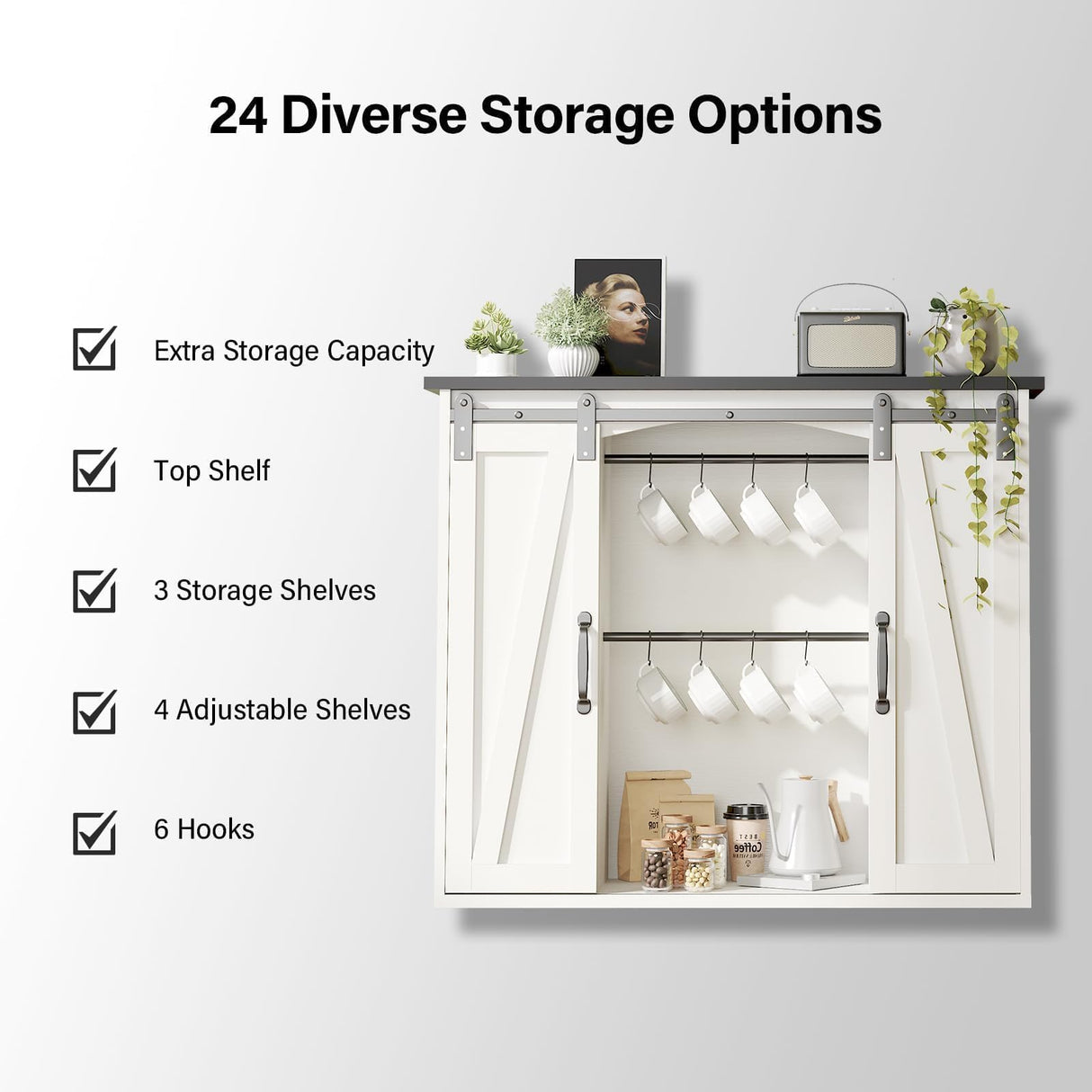 4ever2buy Farmhouse Coffee Bar with Storage, 31.5 Inch Floating Kitchen Wall Cabinet with 6 Hooks for Wall, Wall Mount Cabinet with Barn Door for Living Room, White Kitchen Wall Cabinet 4ever2buy