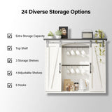 4ever2buy Farmhouse Coffee Bar with Storage, 31.5 Inch Floating Kitchen Wall Cabinet with 6 Hooks for Wall, Wall Mount Cabinet with Barn Door for Living Room, White Kitchen Wall Cabinet 4ever2buy