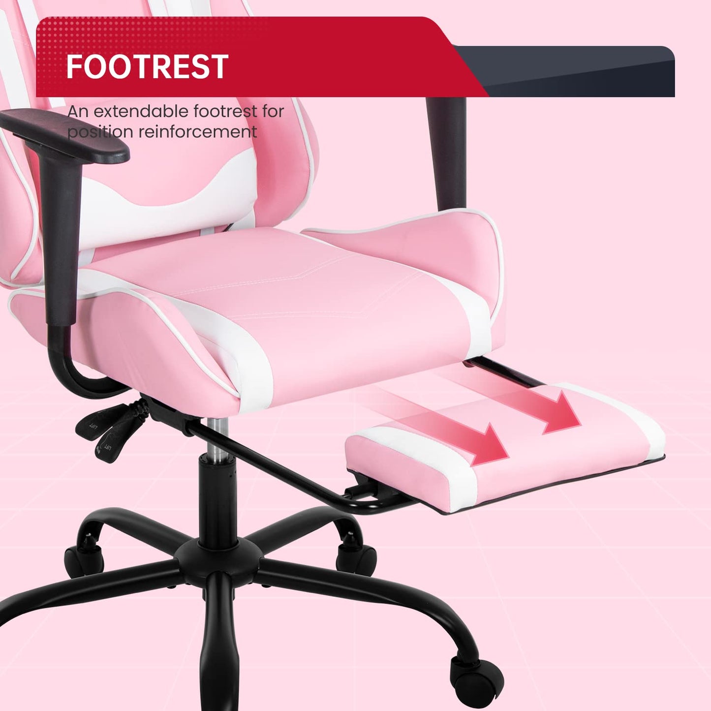 PC Gaming Chair Desk Chair Ergonomic Office Chair Executive High Back PU Leather Racing Computer Chair with Lumbar Support Footrest Modern Task Rolling Swivel Chair for Women Men Girls Adults, Pink