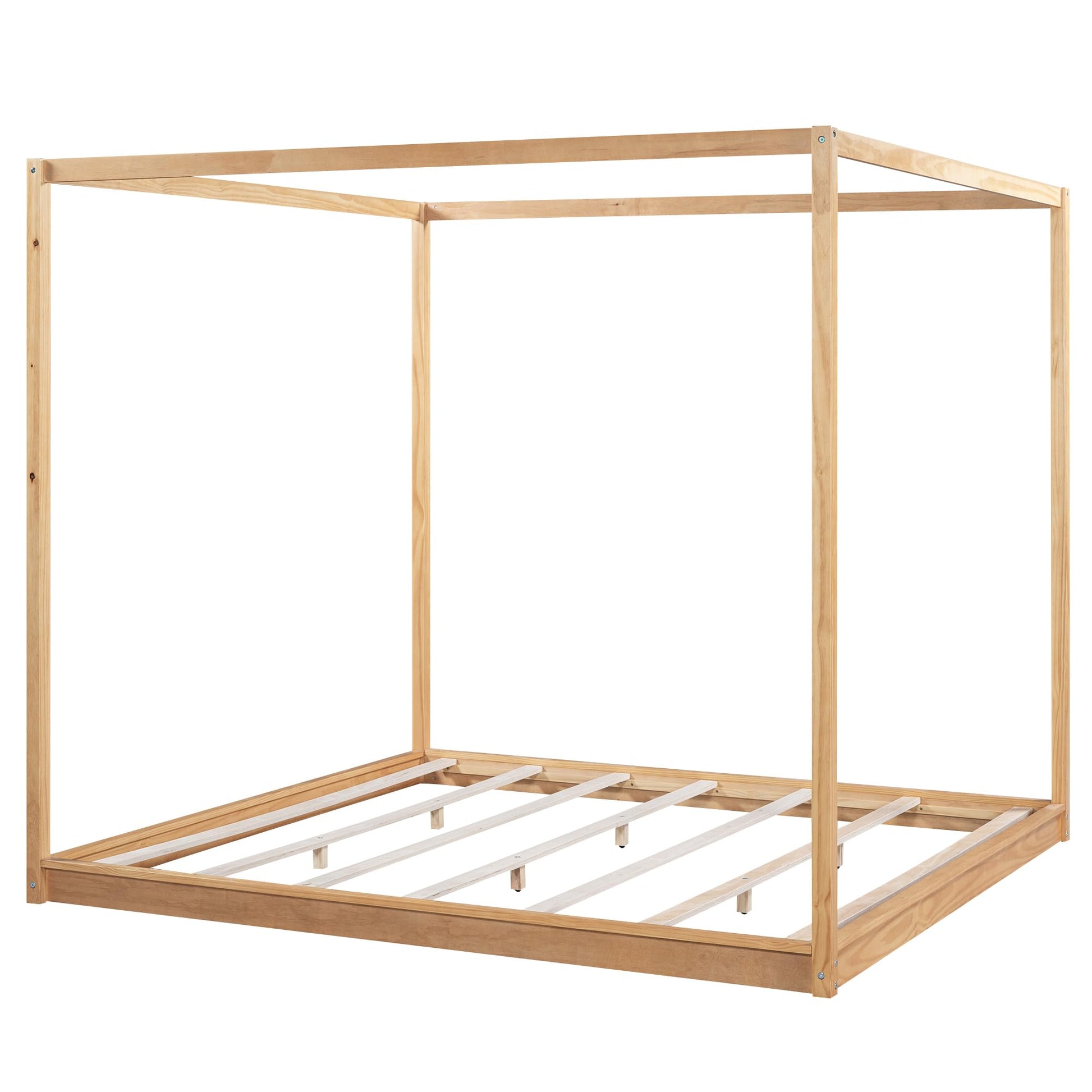 Stylish King Size Canopy Bed Frame in Natural Wood Finish with Slat Support - WoodArtSupply