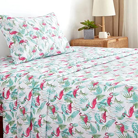 Twin Bed Sheets Set 3PC - Soft Cooling 1800 Thread Count Microfiber Flamingo Plants Boho Printed Sheet, 8 - 17 Inch Deep Pocket Hypoallergenic, Wrinkle Free, Machine Washable Patterned Single Bedding KACEMOO