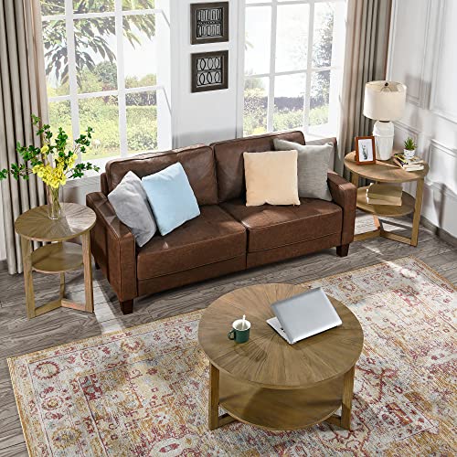 LEEMTORIG Round Wooden Coffee Table Living Room, 2-Tier Circle Round Coffee Table with Storage, Farmhouse Solid Wood Coffee Table, Yellowish Brown, KFZ-3338 LEEMTORIG