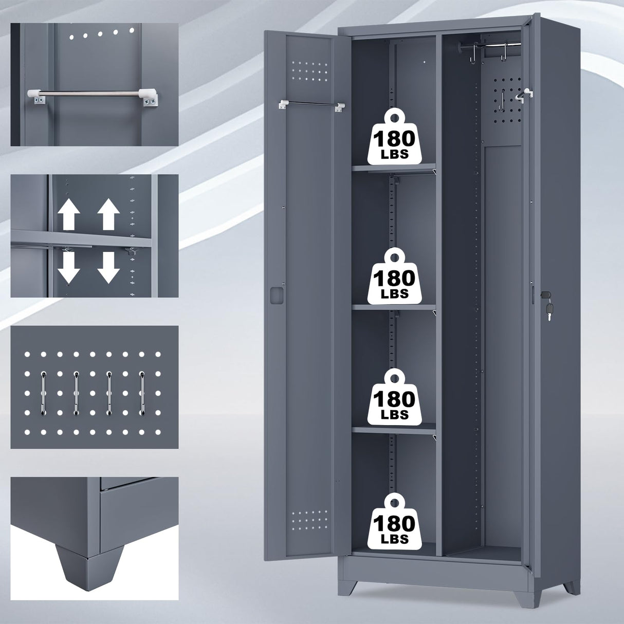 GEDELITE Metal Garage Storage Cabinets - 65" Broom Closet Storage Cabinet with Doors and Shelves,Utility Cleaning Supply Cabinet for Garage,Laundry,Office,Home (Gray, 65" H) GEDELITE