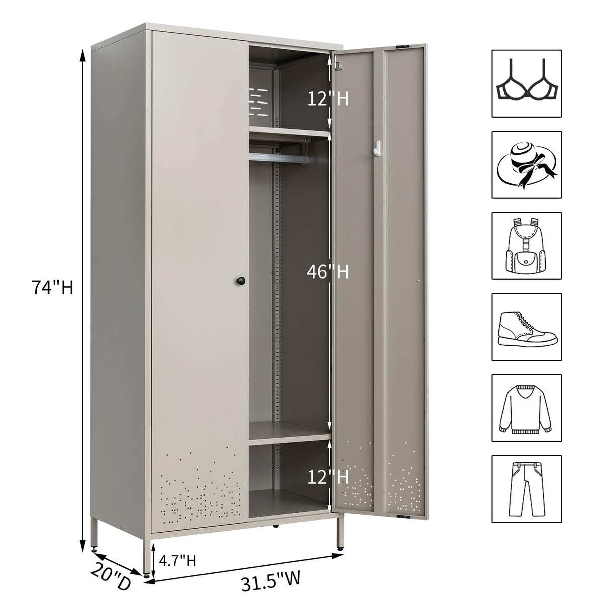 YEEZER Metal Armoire Wardrobe Closet Cabinet for Hanging Clothes with Lock Doors, -74" Steel Lockable Wardrobe Storage Locker Clothes Organizer for Bedroom, Laundry Room (Gray) YEEZER