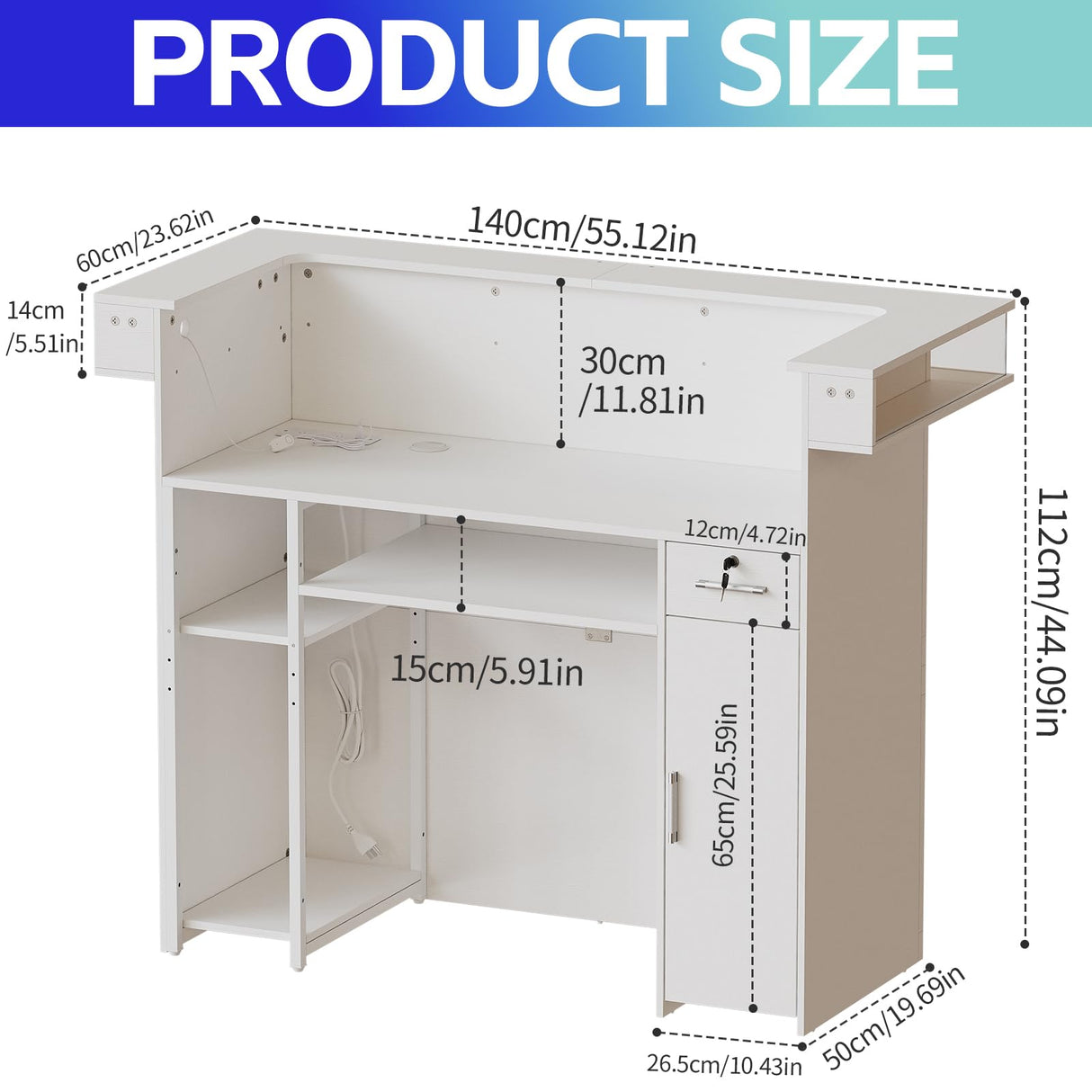 PakaLife Reception Desk with Counter, Front Desk Reception Counter Table with LED Lights, Retail Counter with Power Outlets,Drawers,Shelves, for Beauty Salon Lobby Shop Bar Checkout Office,White PakaLife