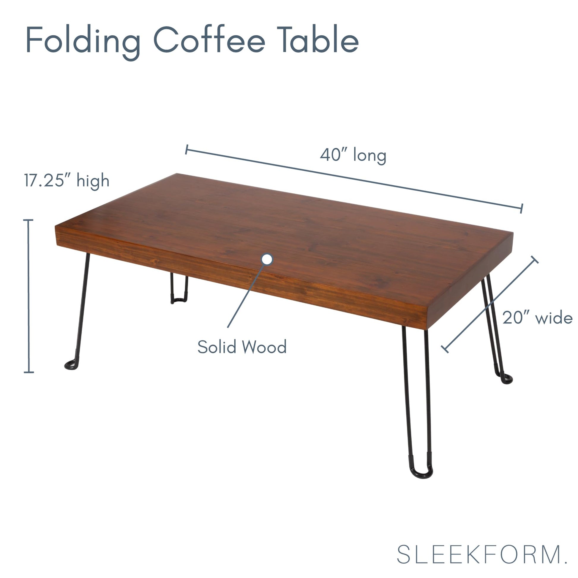 Sleekform Folding Wooden Coffee Table - Collapsible 20x40 Light Wood Mini Desk - Lightweight Foldable Coffee Tables for Small Spaces - Fold Up Hairpin Legs - Walnut Wood Finish - WoodArtSupply