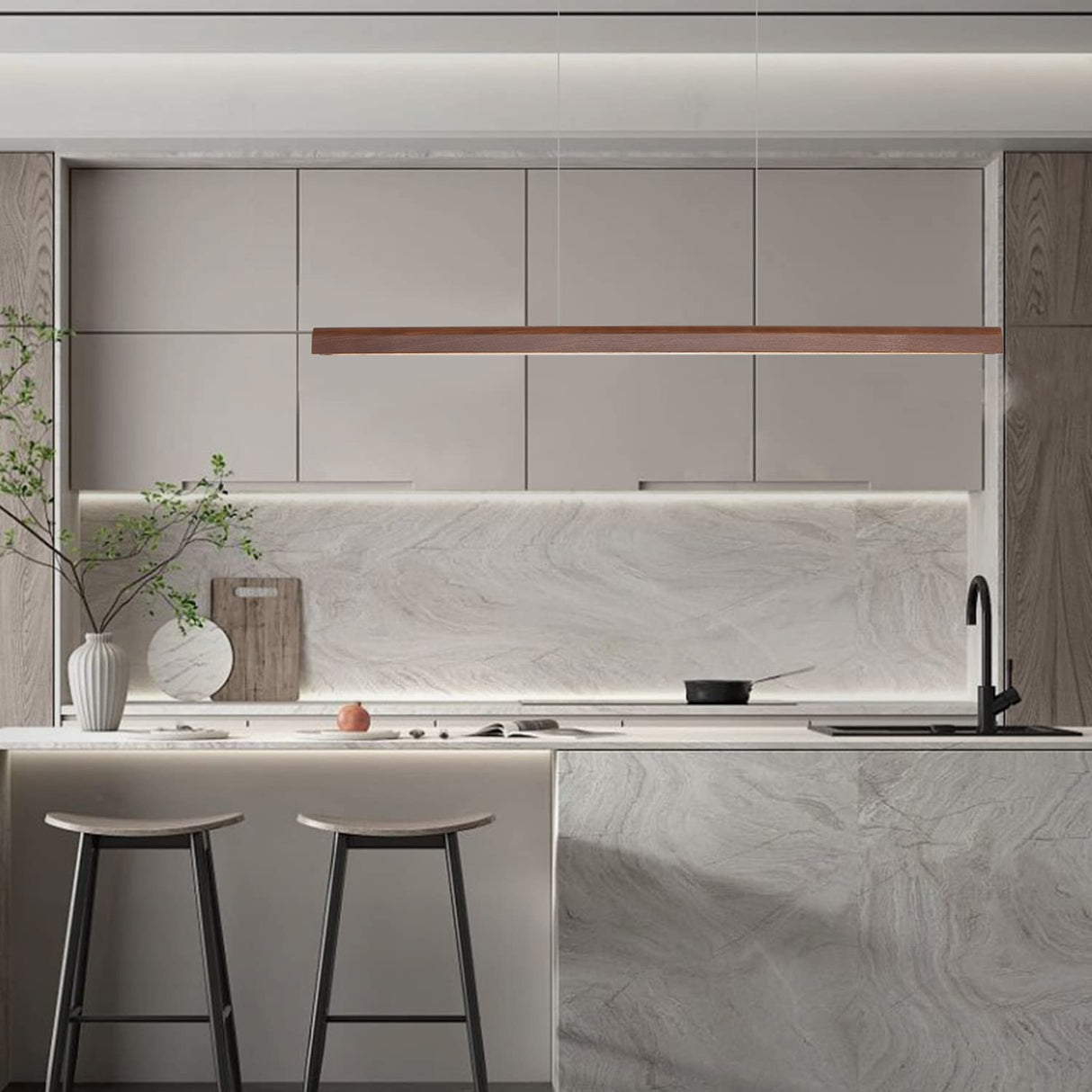 47.2" Wood Linear Pendant Light 34W Led Dimmable Dining Pendant Light Wood Kitchen Island Lights Ceiling Pendant Hanging Light for Dining Room Office studing Walnut Color(Ash Wood) YISDESIGN