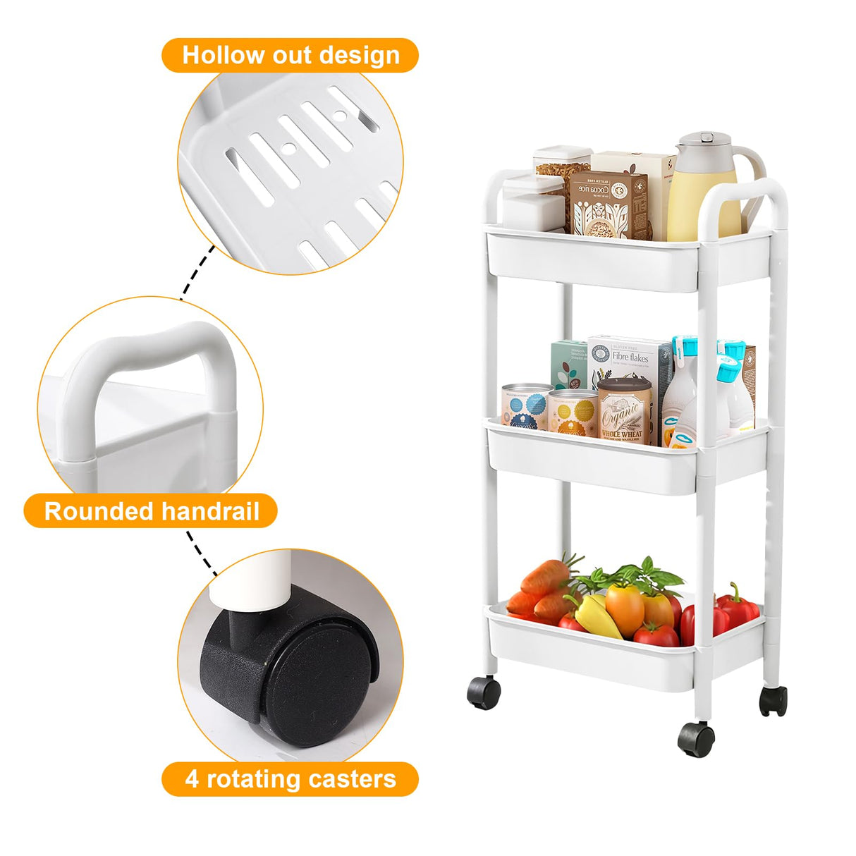 3 Tier Utility Rolling Cart with Handle, Multifunctional Storage Organizer Rolling Carts with Wheels for Bathroom Office Living Room (White) QPEY