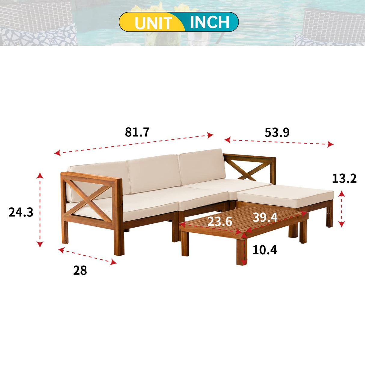 5-Piece Acacia Wood Outdoor Sofa Set Patio Bistro Set Furniture Outdoor Chat Conversation Table Chair Set with Water Resistant Cushions and Coffee Table for Beach Backyard Garden PayLessHere