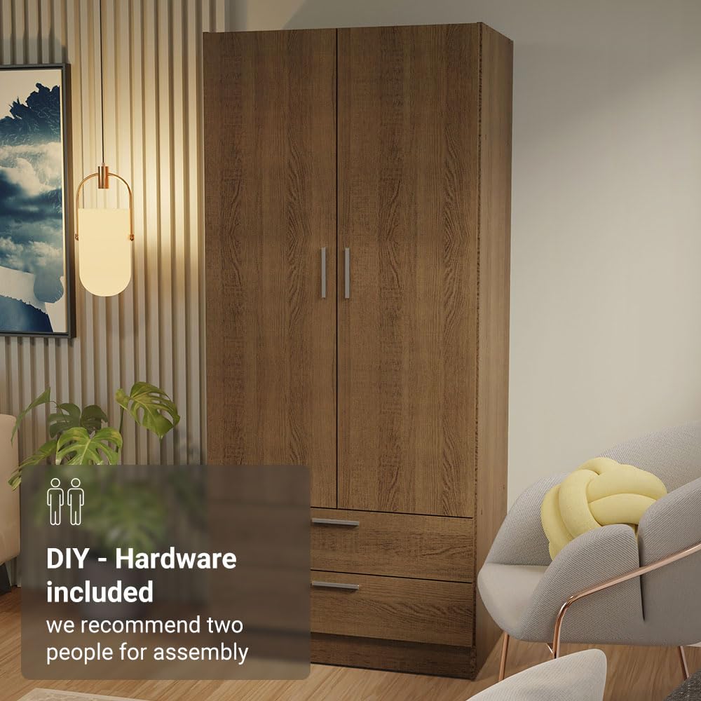 Madesa 2 Door 2 Drawer Storage Cabinet Wardrobe with Shelf and Hanging Space 31 Inch Wooden Armoire Closet Organization Unit for Bedroom and Office - Rustic Madesa