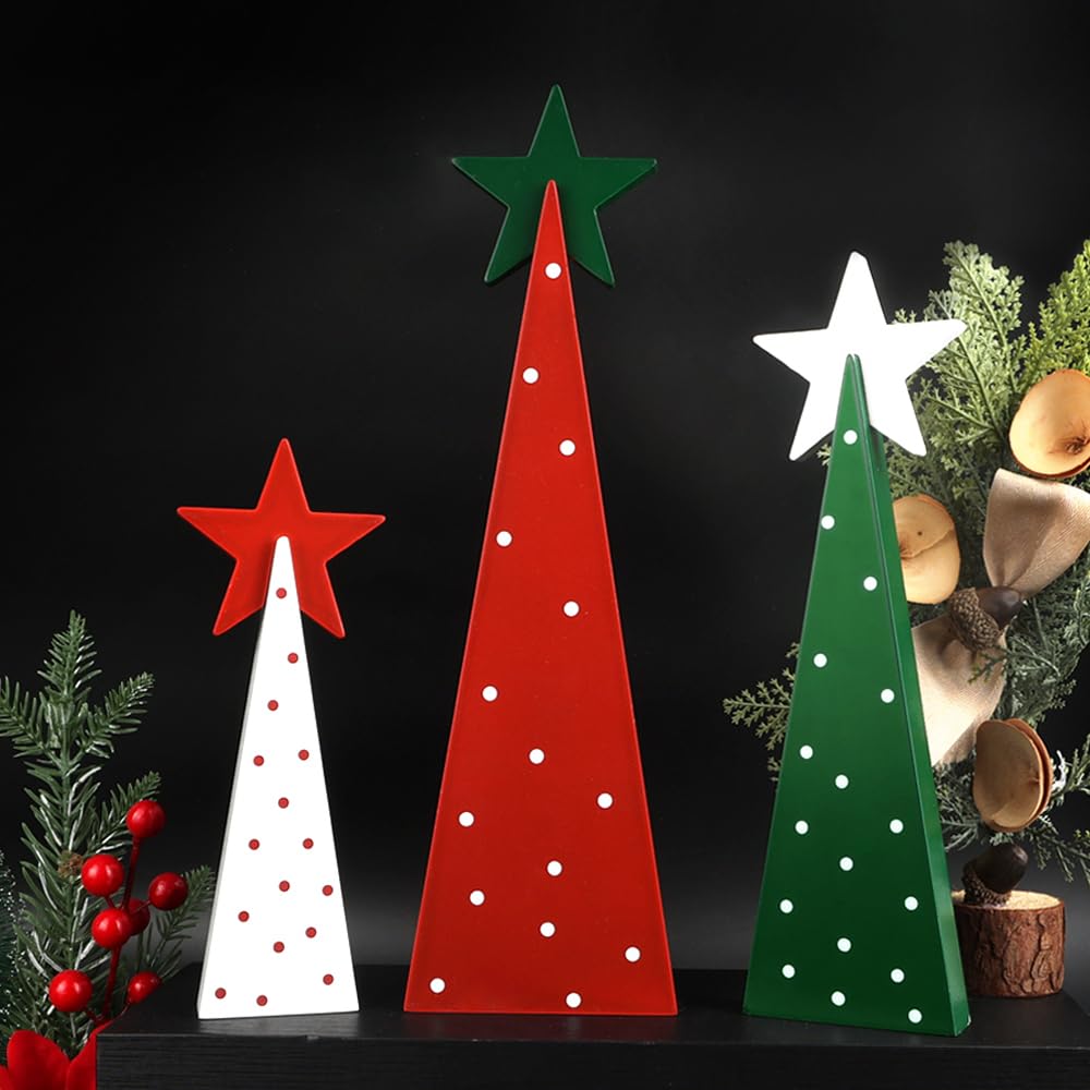 Christmas Decorations Indoor, Christmas Decor - 3 PCS Wooden Xmas Tree Signs with Stars for Home, Table, Fireplace Mantel, Shelf, Office Desk, Party Decor - Xmas Holiday Decorations AKEROCK