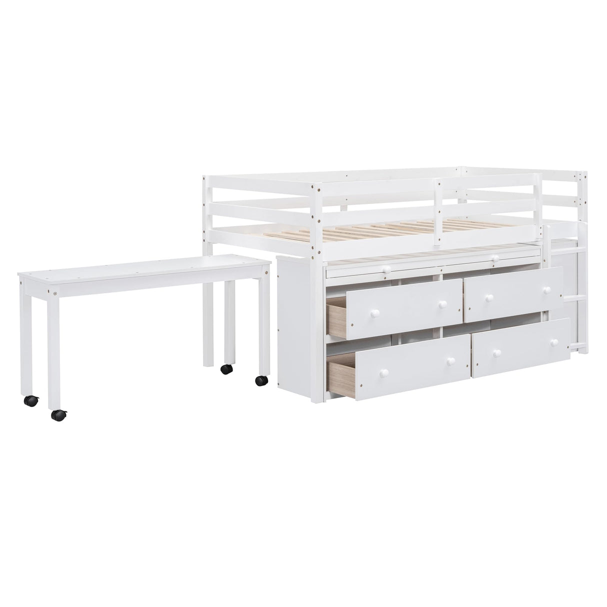 Kids Twin Size Low Loft Bed with Storage, Twin Size Loft Bed with Portable Desk and 4 Drawers, Wood Twin Loft Bed with Shelves, Modern Farmhouse Junior Loft Bed for Kids Boys Girls, White Harper & Bright Designs