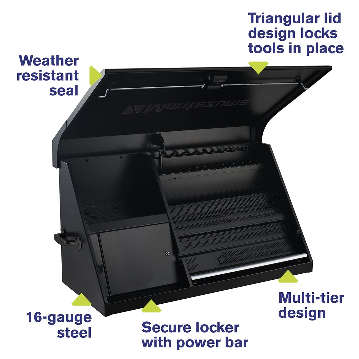 Montezuma 41" x 18" Heavy Duty Steel Triangle Toolbox (steel, flat black) - WoodArtSupply