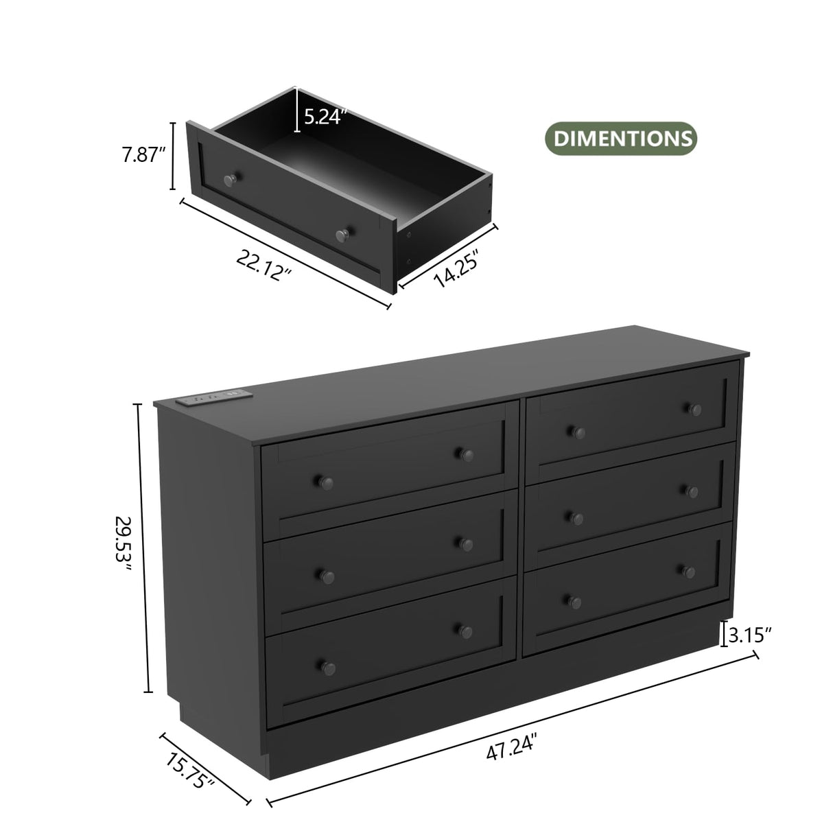 Gyfimoie 6 Drawer Dresser with Power Outlet and LED Light, Modern Floating Storage Dresser for Bedroom, Living Room Gyfimoie