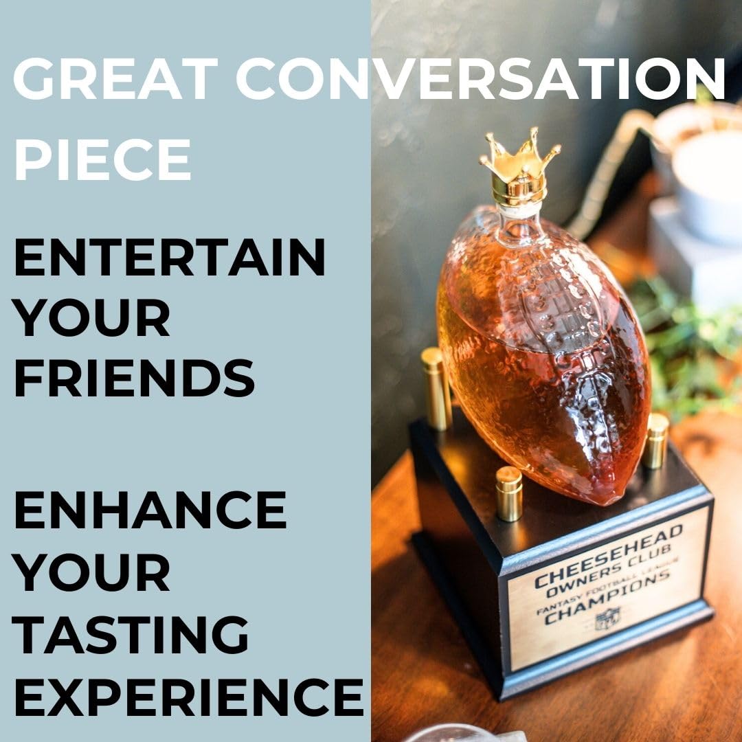 Whiskey Decanter Fantasy Football League Trophy - Customizable FFL Champion Award with Personalized Winner Name Plates - Gold Crown Stopper (Pressed Wood) Alpha Awards