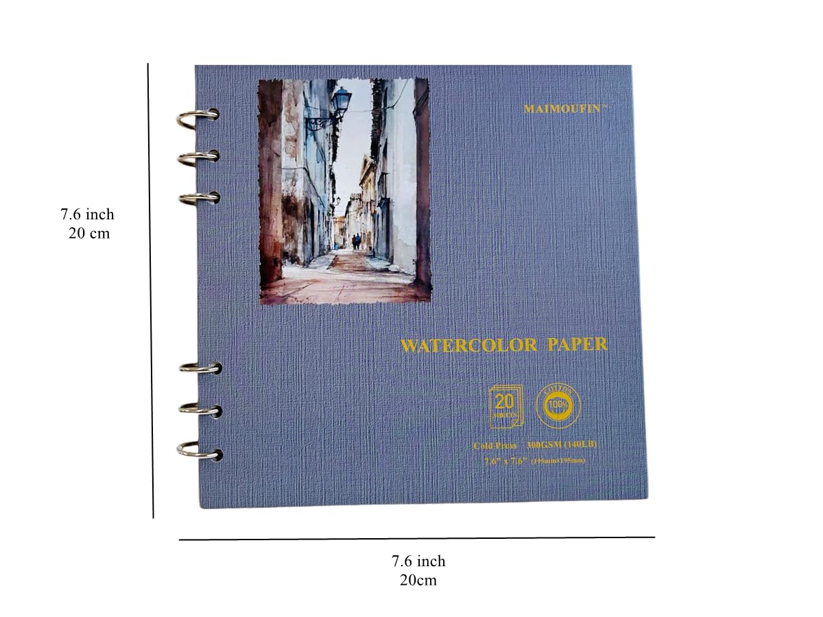 MAIMOUFIN Watercolor Journal,100% Cotton Watercolor Paper, 7.6" x 7.6",20 Sheets（140LB/300GSM） Cold Press, Hardcover Square Loose-Leaf Watercolor Sketchbook Pad for Artists, Art Lovers (Cold Press) MAIMOUFIN