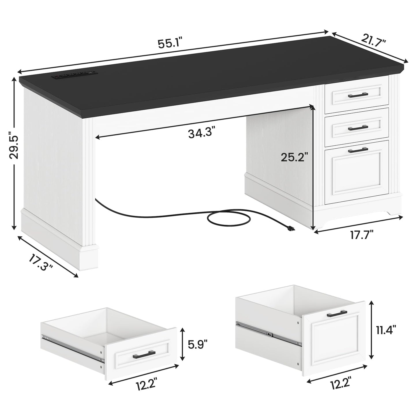 SEDETA Office Desk with 3 Drawers, 55" Executive Computer Desk with Storage Drawers, Farmhouse Desk with Power Outlet for Home Office, White - WoodArtSupply