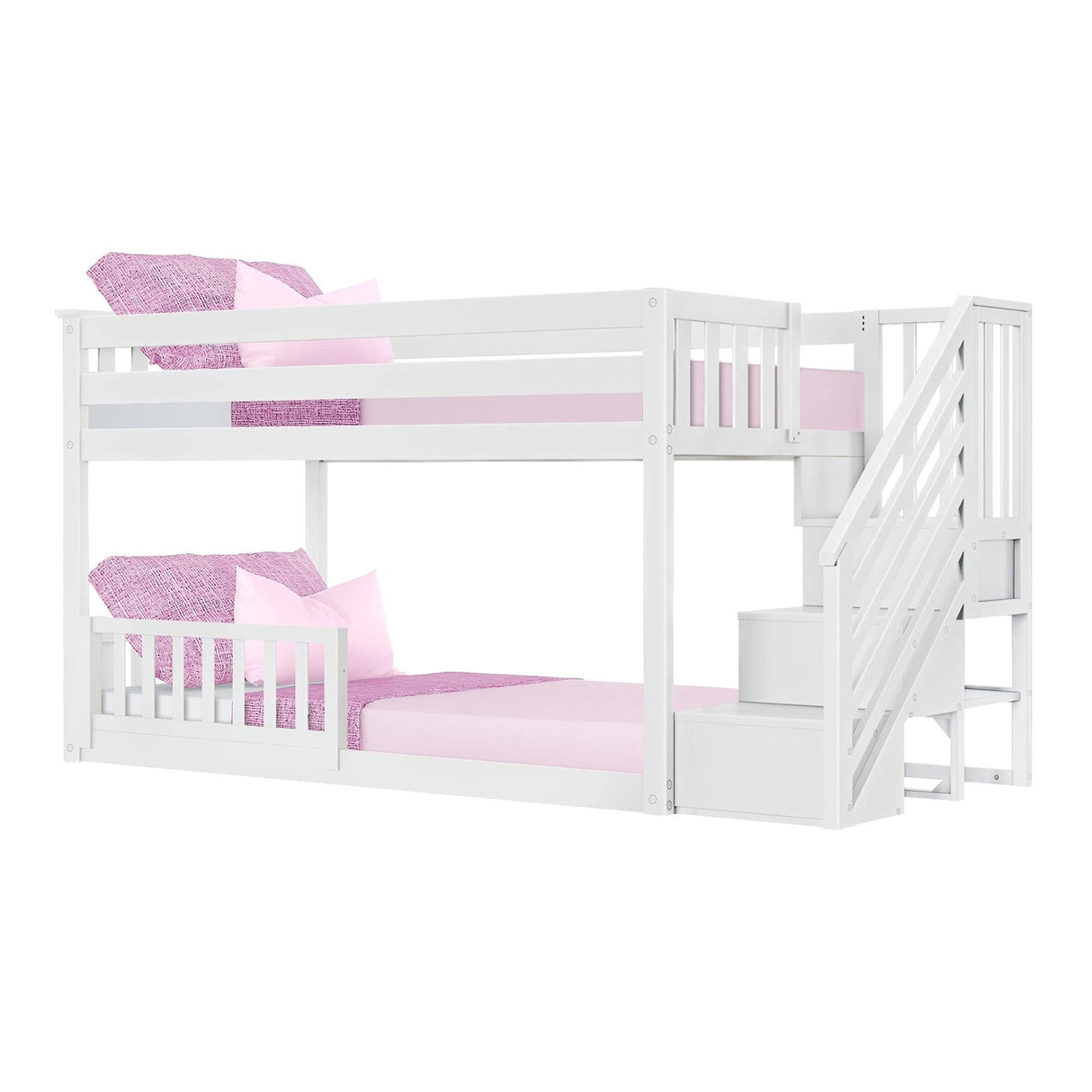 Max & Lily Low Bunk with Stairs and Single Guard Rail, White Max & Lily