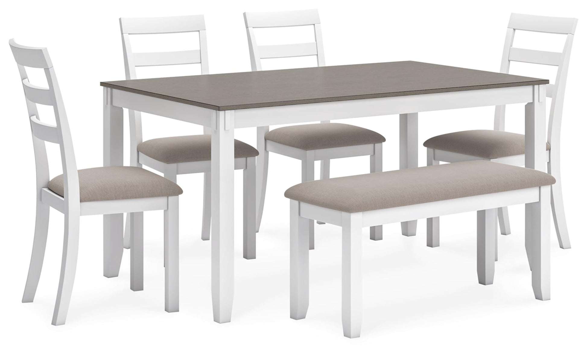 Signature Design by Ashley Stonehollow Modern Farmhouse Dining Table with Upholstered Chairs and Bench, Set of 6, 60"W x 36"D x 30"H, White & Gray - WoodArtSupply