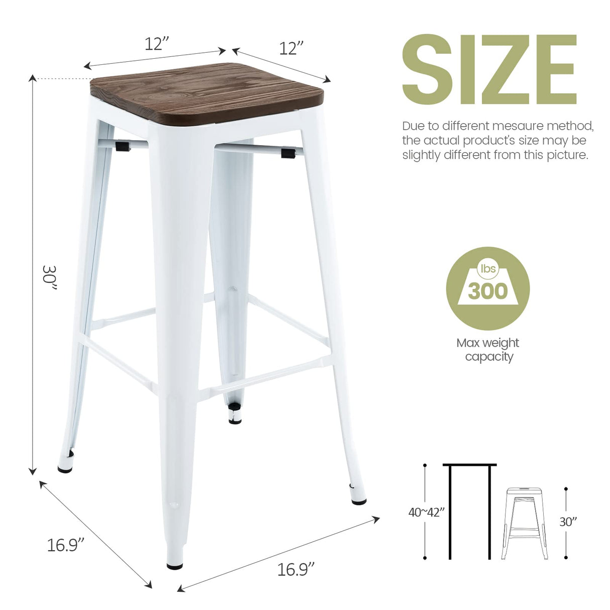 Brage Living 30 Inch Metal Bar Stools with Square Solid Elm Wood Seat Top, Backless Stackable Industrial Barstools Set of 2 (White) Brage Living