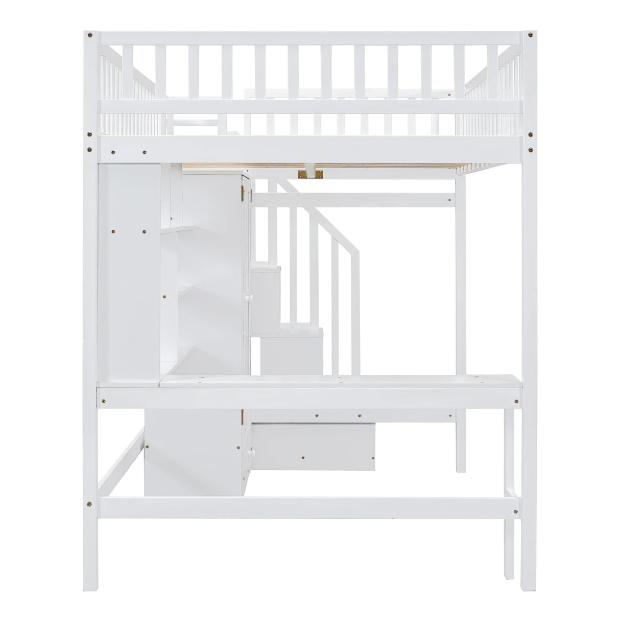 Merax Full Loft Beds Stairway Loft Bed Frame with Wardrobe, Desk, Bookshelf and Drawers, White Merax
