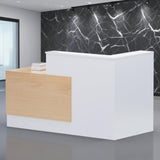 L-Shaped Modern Large Wooden Commercial Reception Desk with Counter & Shelves, Front Reception Desk Counter Table with Storage, Drawers for Offices,Home (Oak+White, Right- 71''L x 34''W x 41''H) Drexo
