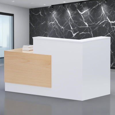 L-Shaped Modern Large Wooden Commercial Reception Desk with Counter & Shelves, Front Reception Desk Counter Table with Storage, Drawers for Offices,Home (Oak+White, Right- 71''L x 34''W x 41''H)