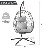 ONBRILL Hanging Egg Chair with Stand, Outdoor Indoor Egg Swing Chair with Cushion Headrest, Rattan Wicker Egg Chair with Dual Chains, 350LBS Capacity for Patio, Porch, Balcony, Bedroom (Light Gray) ONBRILL