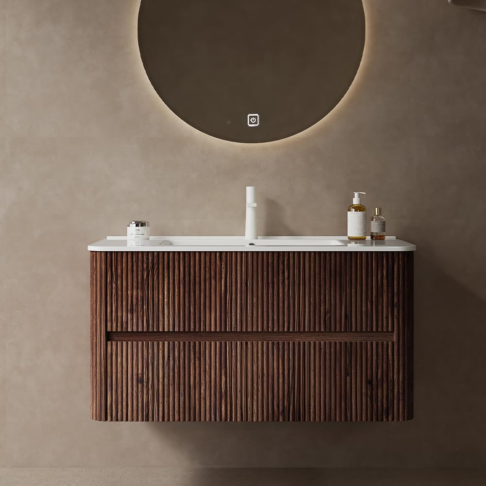 36" Bathroom Vanity with Sink, Modern Floating Vanity with 2 Push Close Soft Close Drawer, Ceramic Basin with Sink Hole Cover and Drain, Oak & Plywood-Bruges, Retro Walnut RAINLUX